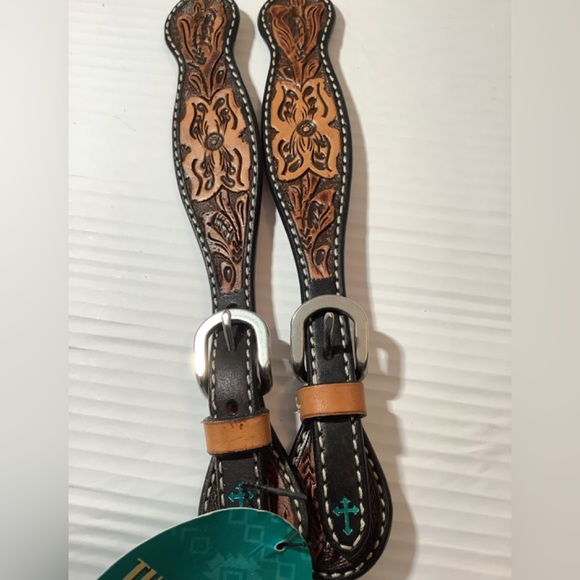 NWT Weaver Turquoise Cross Ladies Floral Tooled Horse Spur Straps - Picture 3 of 5